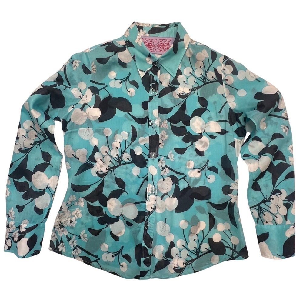Tuleh Button Down Floral Fruit Long‎ Sleeve Turquoise Luxury Blouse Size S